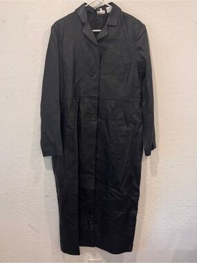 Newport News Trench Coat Womens Large Black Vintage 100% Leather Jacket Goth